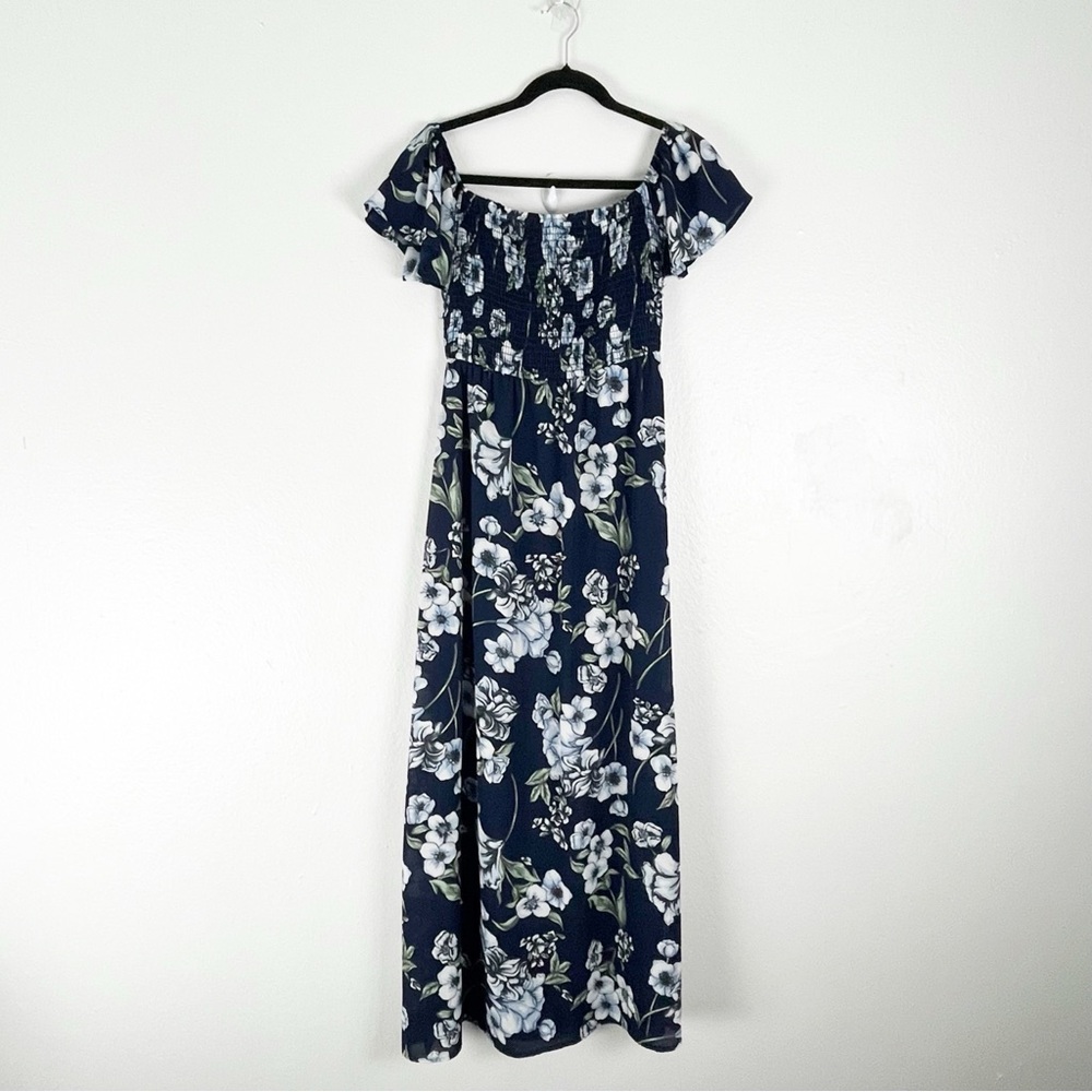 ALTAR’D STATE Blue Floral Smocked Bodice On/Off Shoulders Side Split Dress Small